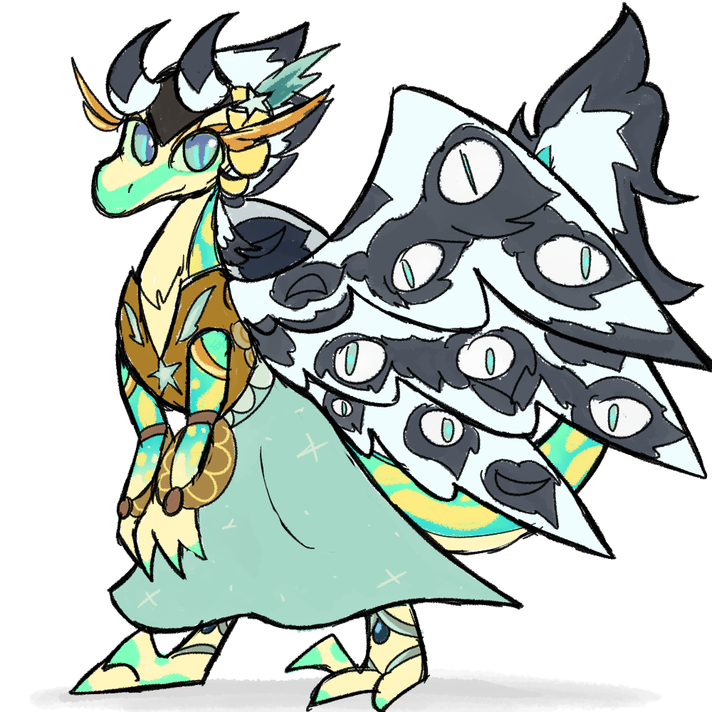 A drawing of Angel facing left, looking to the viewer with a soft smile. Its appearance is different than the site art; most notably, it has six wings that are covered in eyes, replacing its Peacock gene. Its horns are purely yellow and curled in, and it dons an extra pair of black and white horns on the top of its head. It wears a brown top and opaque mint dress.